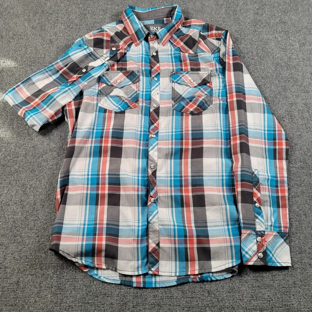 BKE‎ Shirt Mens Medium Blue Red Plaid Western Pearl Snap Long Sleeve Cowboy